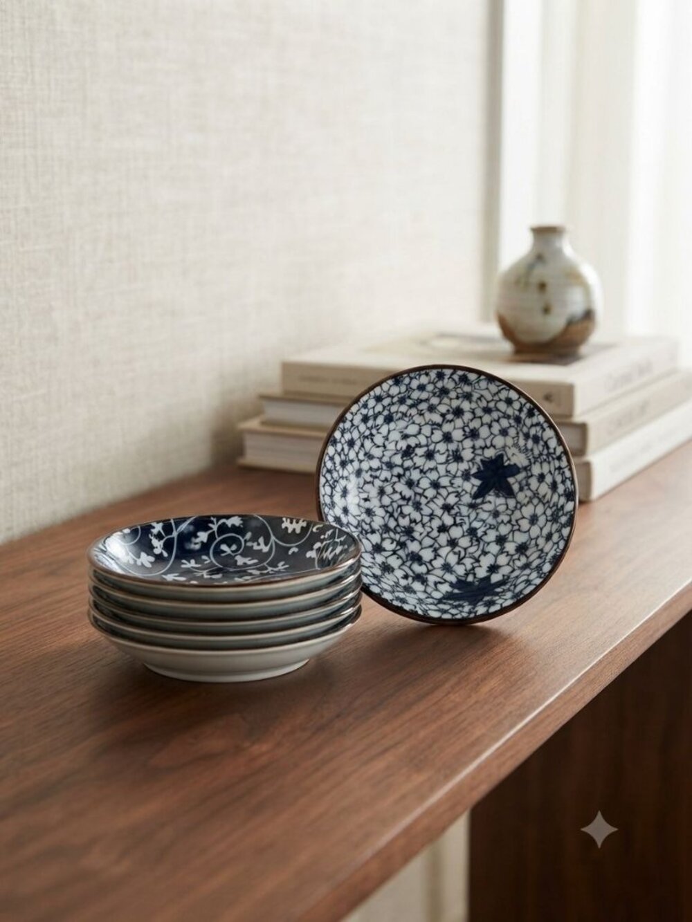 Set of 6 Japanese Ceramic Dipping Sauce Dishes Assorted Blue White Small Bowls